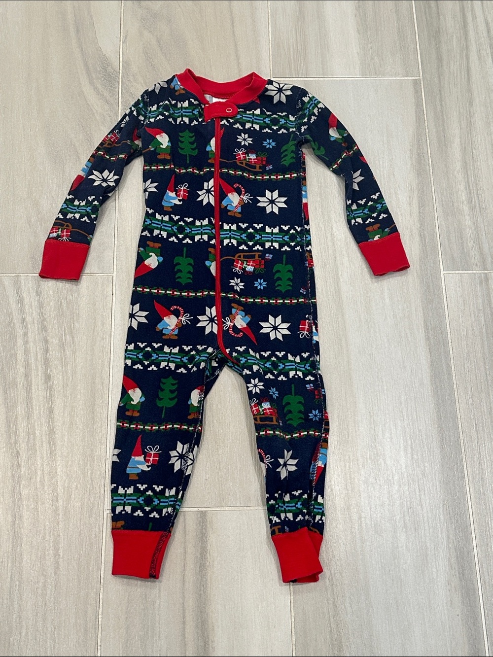 Hanna Andersson 3T Gnome Holiday Navy and Red Kids One-Piece Zipper Pajamas